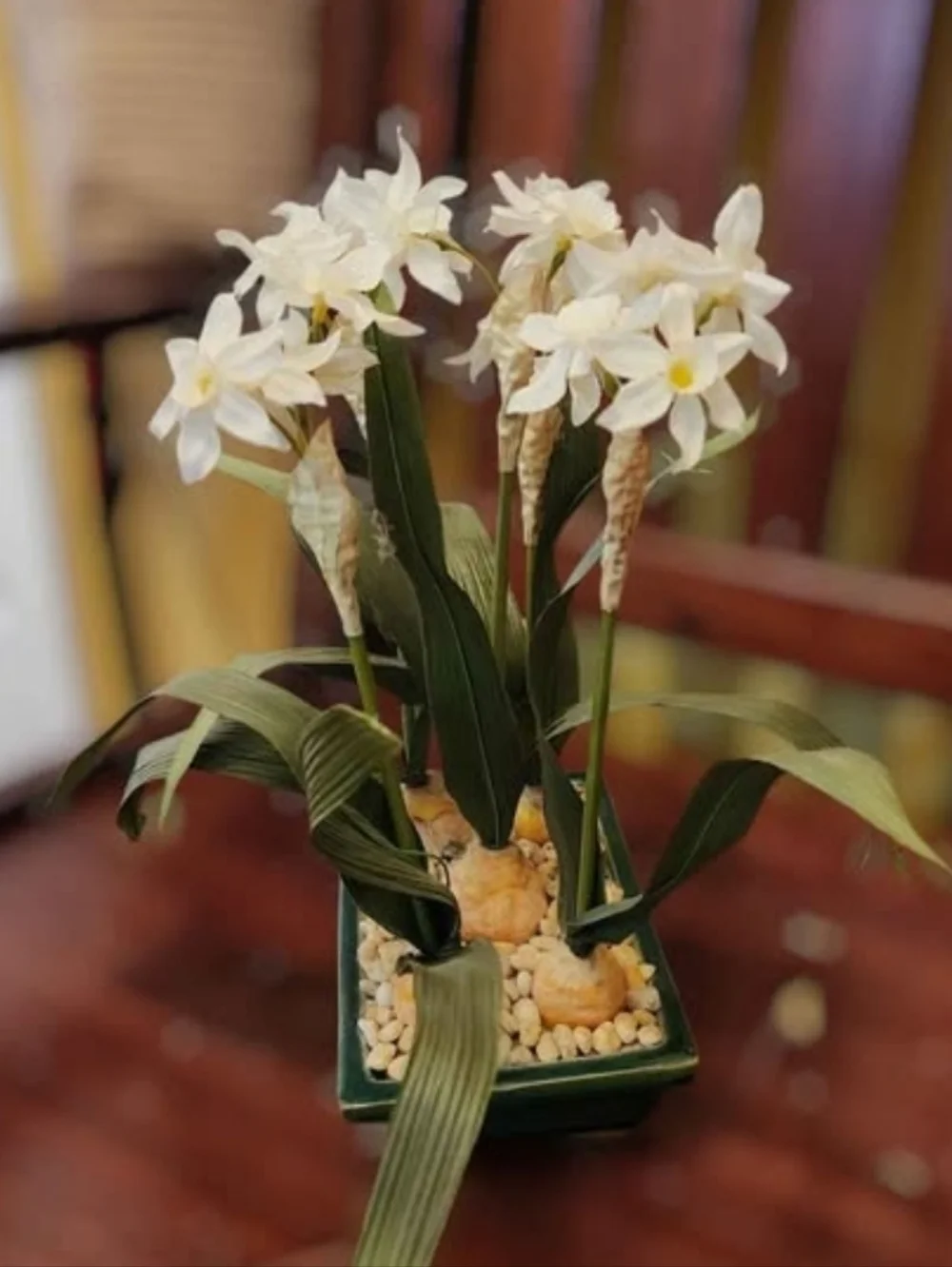 Faux White Flowering Plant & Bulbs in Green Pot
